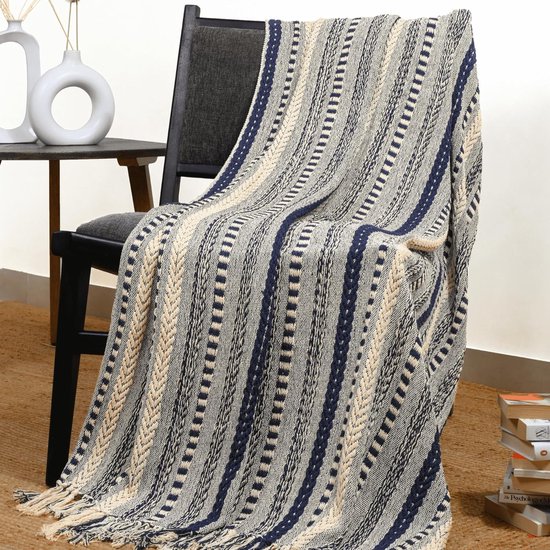 Gevlochten gestreepte plaid deken katoen 50 x 60 inch zachte gezellige marineblauwe deken met decoratieve kwastjes voor slaapbank stoel bed woondecoratie