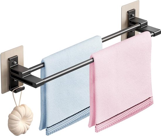 Handdoekhouder Zonder Boren Aluminium - 3-Laags Met Haken Zwart Waterdicht
