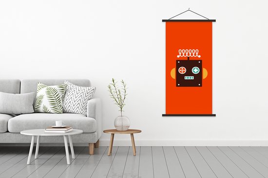 Posterhanger incl. Poster 90x180 cm - Schoolplaat - Robot - Vormen - Gezicht - Oranje - Jongens - Kinderen - Textielposter - Zwarte latten