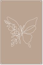 Tuinposter 80x120 cm - Tuindecoratie - Line Art - Vlinder - Bloemen - Vlinders - Taupe - Muurdecoratie voor buiten - Schutting decoratie - Tuin accessoires - Tuindoek - Buitenposter