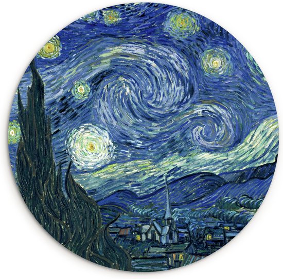Wandcirkel - Sterrennacht - Van Gogh - Kunst - Oude meesters - Muurcirkel binnen - Ronde schilderijen - Wanddecoratie rond - 60x60 cm - Rond schilderij - Muurdecoratie cirkel - Woonkamer - Kamer decoratie - Wandcirkels - Slaapkamer