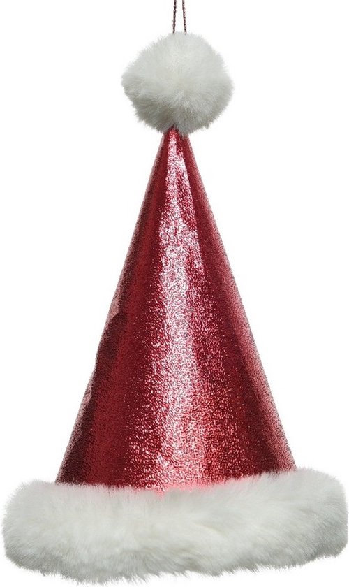 Decoris Kersthanger kerstmuts - rood glitters - 17 cm - kerstornamenten