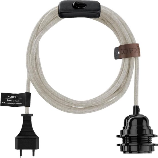Hoopzi - Bala - Fitting E27 met kabel - Lamphouder E27 met kabel en schakelaar - Textielkabel met fitting - Lampkabel - Hanglamp - 4,5 meter - Natuurlijk linnen