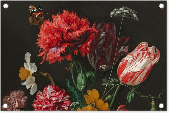 Tuindecoratie Stilleven met bloemen in een glazen vaas - Schilderij van Jan Davidsz. de Heem - 60x40 cm - Tuinposter - Tuindoek - Buitenposter
