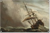 Tuinposters buiten Een schip in volle zee bij vliegende storm - Schilderij van Willem van de Velde - 90x60 cm - Tuindoek - Buitenposter