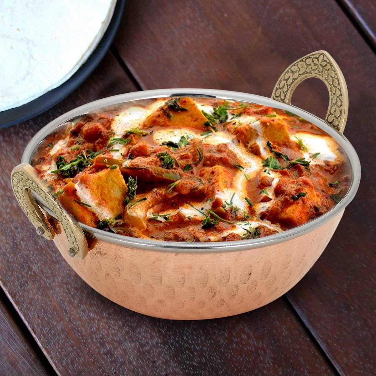 HostelNovo Indiase voedselschaal met handgrepen, karahi-schaal, gehamerd roestvrij staal koperen hoefijzer handgrepen, Indiaas servies, 15 x 5,5 cm