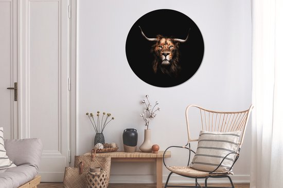 WallCircle - Wandcirkel ⌀ 90 - Leeuw - Zwart - Vacht - Ronde schilderijen woonkamer - Wandbord rond - Muurdecoratie cirkel - Kamer decoratie binnen - Wanddecoratie muurcirkel - Woonaccessoires