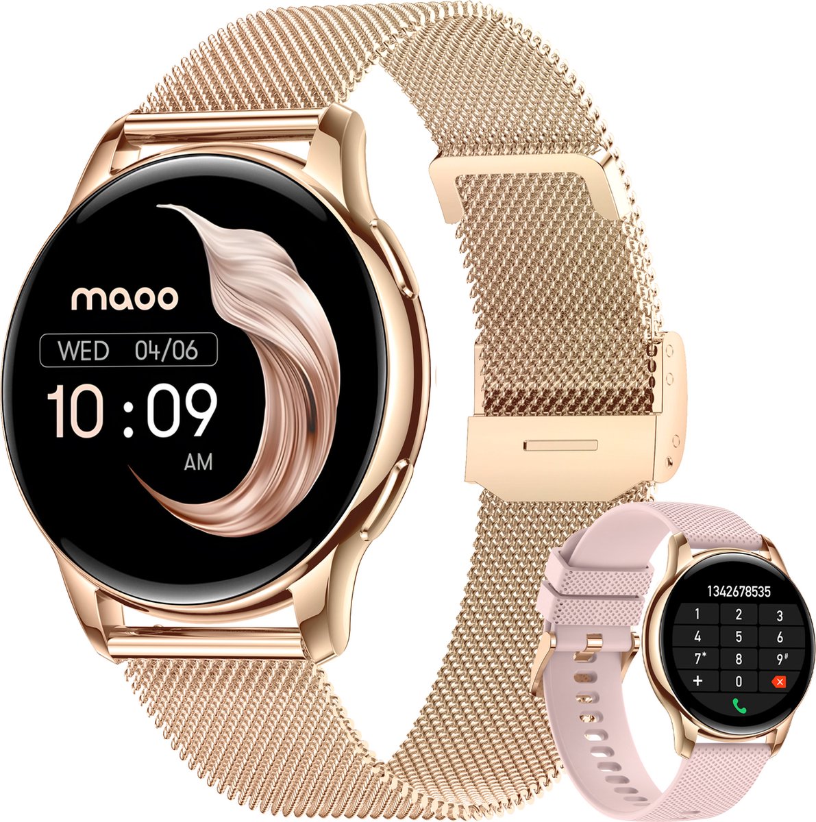 Maoo Ventura AMOLED Smartwatch Dames - Moederdag Cadeautje - RVS en Siliconen Bandje - Stappenteller - Hartslagmeter - Slaapmonitor - Multisport - Geschikt voor Android en iOS - Rosé Goud en Roze - Maoo