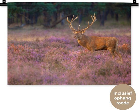 Wandkleed - Wanddoek - Hert - Nederland - Bloemen - Veluwe - 60x40 cm - Wandtapijt