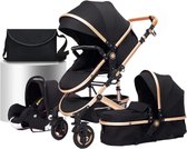 VoordeelVerkenner - Handige 3 In 1 Kinderwagen - Reiswieg - Inklapbaar - 0-36 Maanden - Kleur Zwart Goud - Inclusief Autostoel