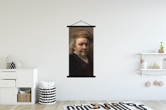 Porte-affiche avec affiche - Affiche scolaire - Autoportrait - Peinture de Rembrandt van Rijn - 90x180 cm - Lattes noires