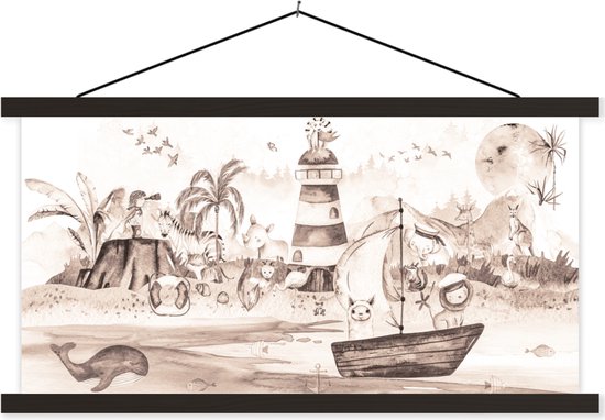 Affiche scolaire safari - Affiche scolaire enfants - Plage - Enfants - Phare - Alpaga - Mer - Animaux - Décoration chambre enfant - Décoration murale - 90x45 cm