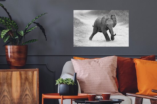 Sticker Muursticker Eléphants - Bébé éléphant marchant dans le sable en noir et blanc - 60x40 cm - film adhésif autocollant - sticker mural repositionnable