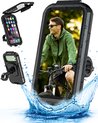 Waterdichte telefoonhouder met een man op een fiets, omringd door waterplassen. Toont ook een opengeklapte houder.