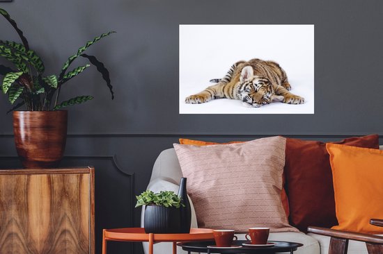 Sticker Muursticker Tigre sur fond blanc - Tigre endormi sur fond blanc - 60x40 cm - film autocollant - sticker mural repositionnable