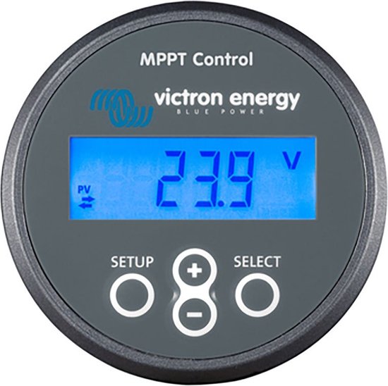 Rond grijs MPPT Control display met blauw scherm waarop 23.9V wordt weergegeven. Victron Energy logo.