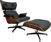 Meubi Lounge Chair met hocker - XL - Zwart - Italiaans leder - Fauteuil - Stoel - Palissander - Set