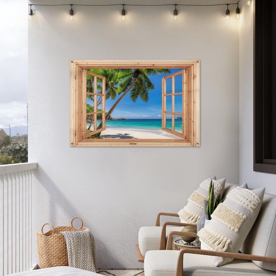 Poster de jardin Plage - Vue - Palmier - Mer - Île - Fenêtre marron clair - 120x80 cm - Toile de jardin - Poster extérieur