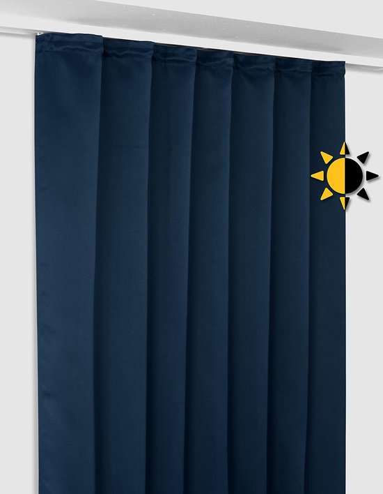 Verduisteringsgordijn met plooiband U-band, blackout gordijn ondoorzichtig verduisterend, grootte en kleur naar keuze (breedte 140 cm. hoogte 245 cm, marineblauw)