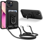 Telefoonhoesje met koord Geschikt voor: Apple iPhone 12 - Pasjeshouder - Camerabeschermer - Magnetische Ringhouder - FuturiQ - Zwart