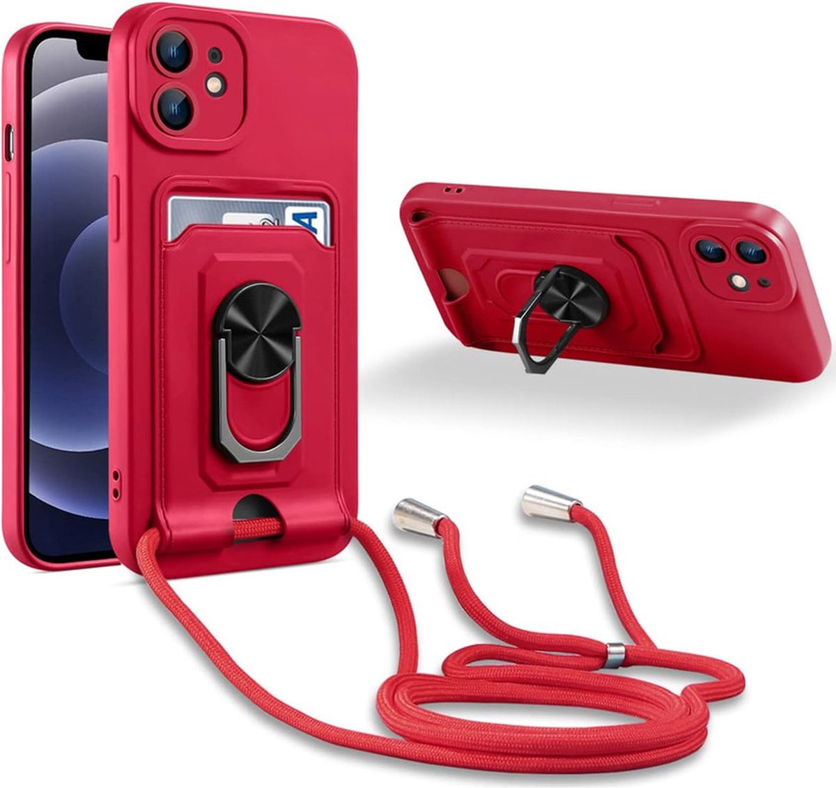 Telefoonhoesje met koord Geschikt voor: Apple iPhone 12 - Pasjeshouder - Camerabeschermer - Magnetische Ringhouder - FuturiQ - Rood
