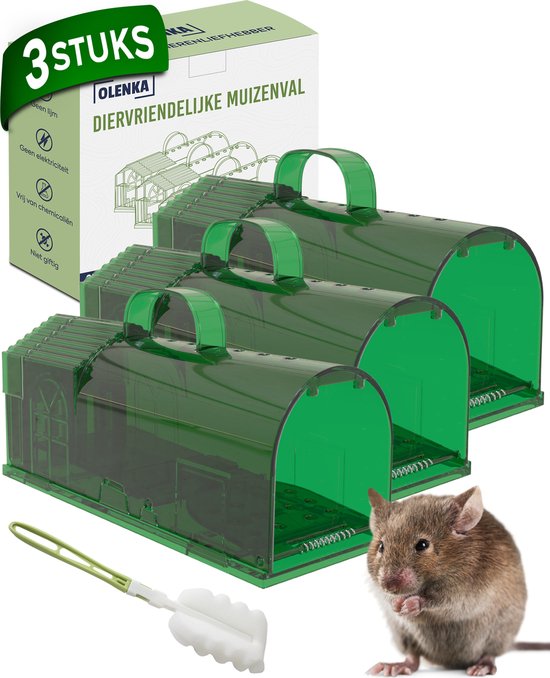 Olenka Muizenval - Diervriendelijke Muizenvallen Voor Binnen en Buiten - 3 Stuks - Mouse Trap - Met Schoonmaak Borstel - Muizengif Alternatief - Verbeterde Versie 2024 - Groen