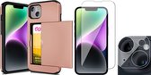 Hoesje met Pasjeshouder geschikt voor iPhone 15 Plus - Screenprotector GlassGuard & Camera Lens Screen Protector - Back Cover SlideCase Roségoud