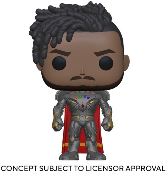Funko Pop! Infinity Killmonger met grijze pantser, rode cape, gevlochten haar en snor.