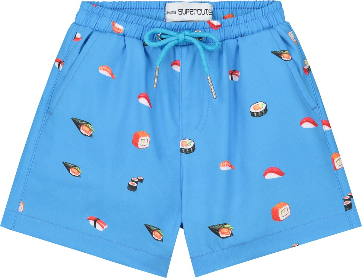 Supercute Jongens Zwembroek – Blauw met Sushi Print – Lichtgewicht & Sneldrogend - maat 62-68
