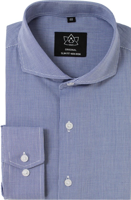 Vercate - Strijkvrij Overhemd - Donkerblauw Geblokt - Slim Fit - Poplin Katoen - Lange Mouw - Heren - Maat 40/M