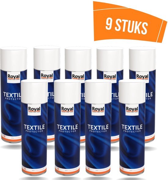 9 stuks Royal Textile Protector spuitbussen in donkerblauw met witte doppen.