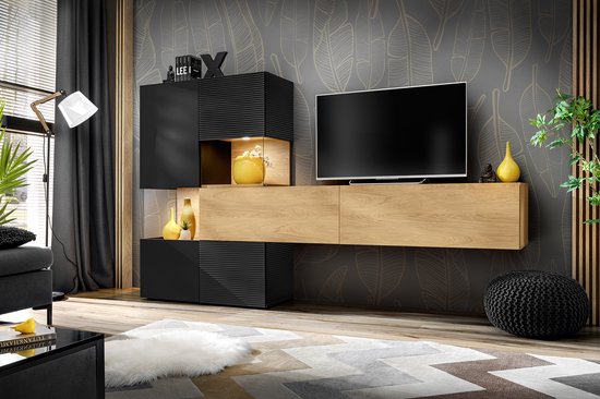 Brick TV-meubel, hickory natuur / MDF mat zwart / mat zwarte LED, breedte 215 cm, modern woonkamermeubel