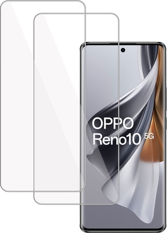 Twee gehard glazen screenprotectors naast een OPPO Reno10 5G telefoon.