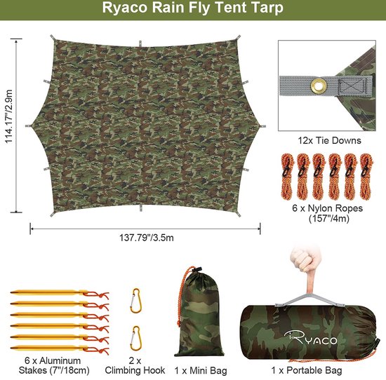 Ryaco Outdoor Tentzeil - Campingzeil - Zonnescherm met Opbergtas - Waterdicht - UV-Bestendig - Tarps voor kamperen - 3-4 Personen - 290 x 350 cm - Camouflage - Ryaco