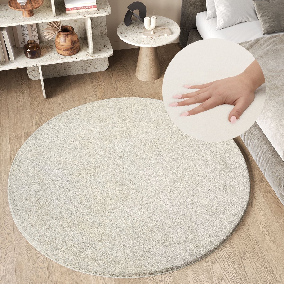 Tapiso Cuddle Rond Vloerkleed Beige Hoogpolig Shaggy Tapijt Maat- 200x200