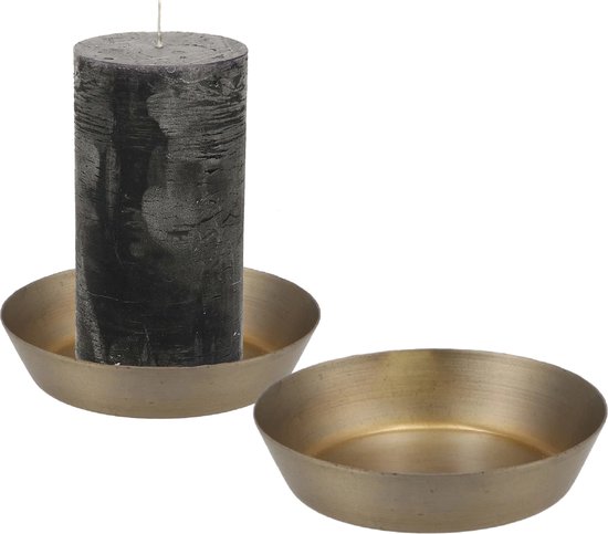 Bougeoir/mini bol pour bougie pilier - 2x - or - métal - D10 x 2 cm