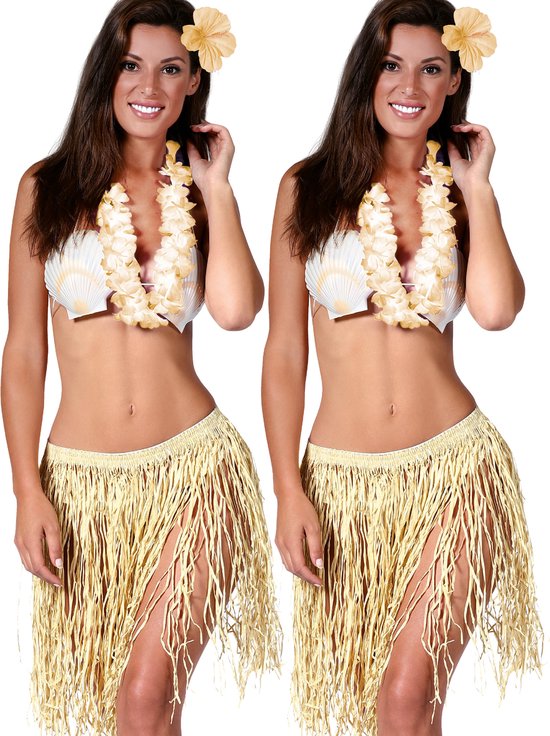 Toppers - Fiestas Guirca Hawaii ensemble d'habillage - 2x - adultes - naturel - jupe en osier/couronne de fleurs/pince à cheveux