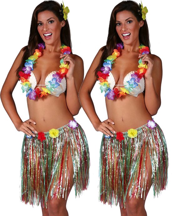 Toppers in concert - Fiestas Guirca Hawaii verkleed set - 2x - volwassenen - multicolour - rokje/bloemenkrans/haarclip