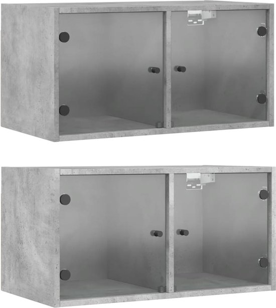 vidaXL - Wandkasten - met - glazen - deuren - 2 - st - 68,5x37x35 - cm - betongrijs