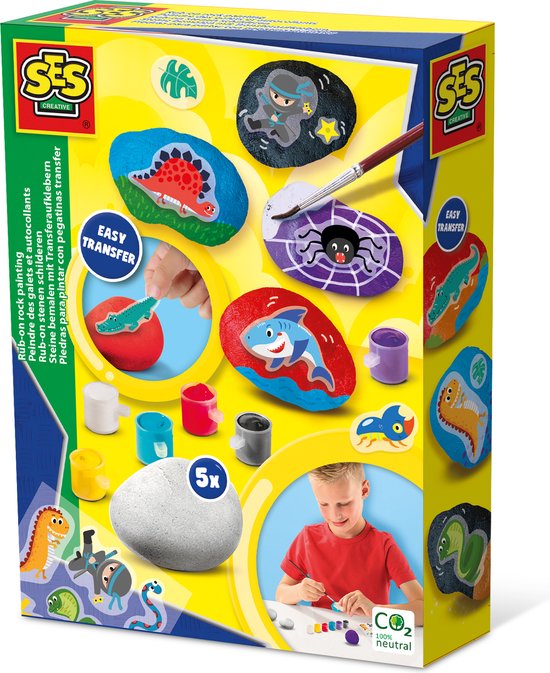 SES - Rub-on stenen schilderen - eenvoudig aan te brengen - inclusief 5 witte stenen - knutselen jongens - Stenen Schilderen