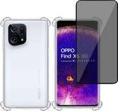 Hoesje + Privé Screenprotector geschikt voor OPPO Find X5 – Privacy Tempered Glass - Case Transparant