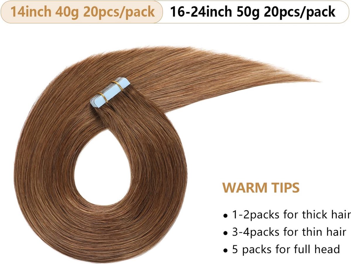 Tape In Hairextensions 16 inch / 40cm| Kleur 6 Donkerblond|100% Remy Human Hair Extensions| Straight |