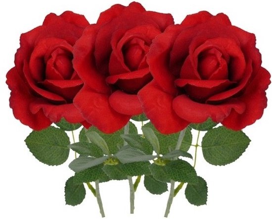 3x rode rozen van polyester - 37 cm - Valentijn / Bruiloft rode kunstrozen