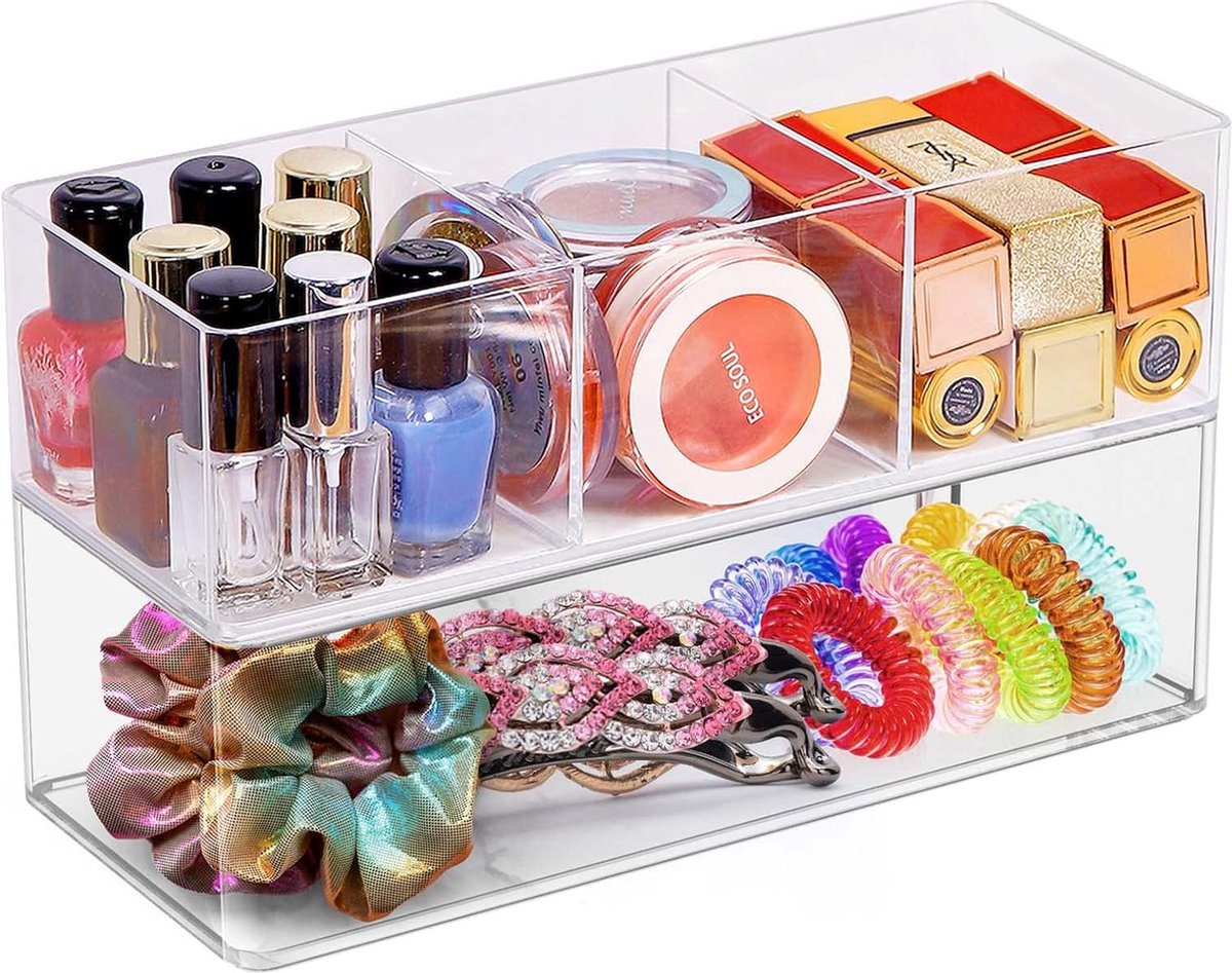 Cosmetica-organizer, set van 2, acryl, voor slaapkamer, make-uptafel, organizer, stapelbaar, cosmetica, make-up