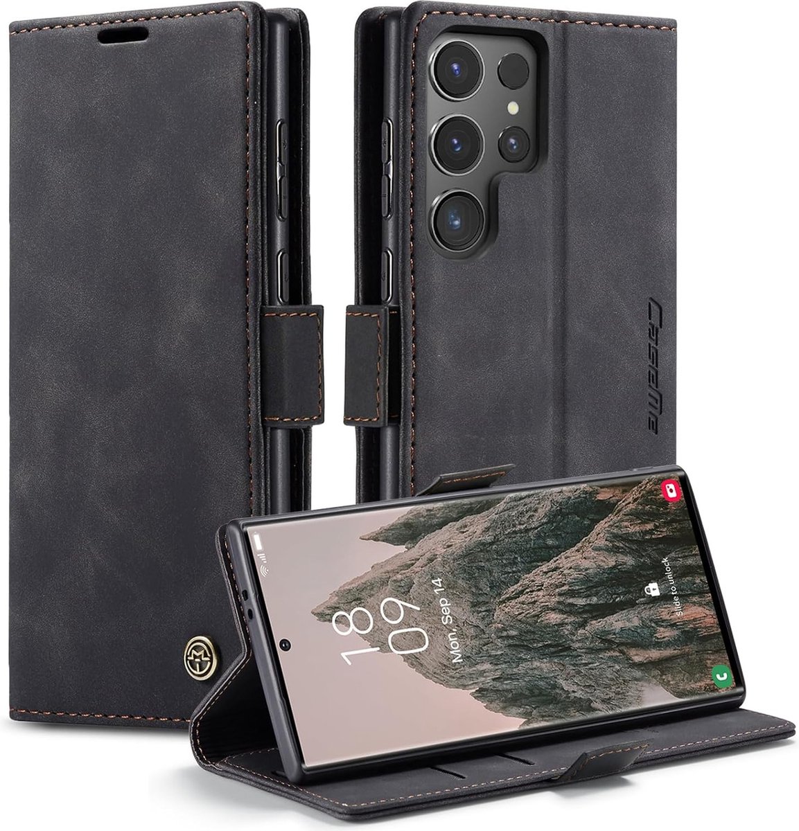 Geschikt voor Samsung Galaxy S24 Ultra - Premium Lederen Flip Wallet Hoesje - Zwart