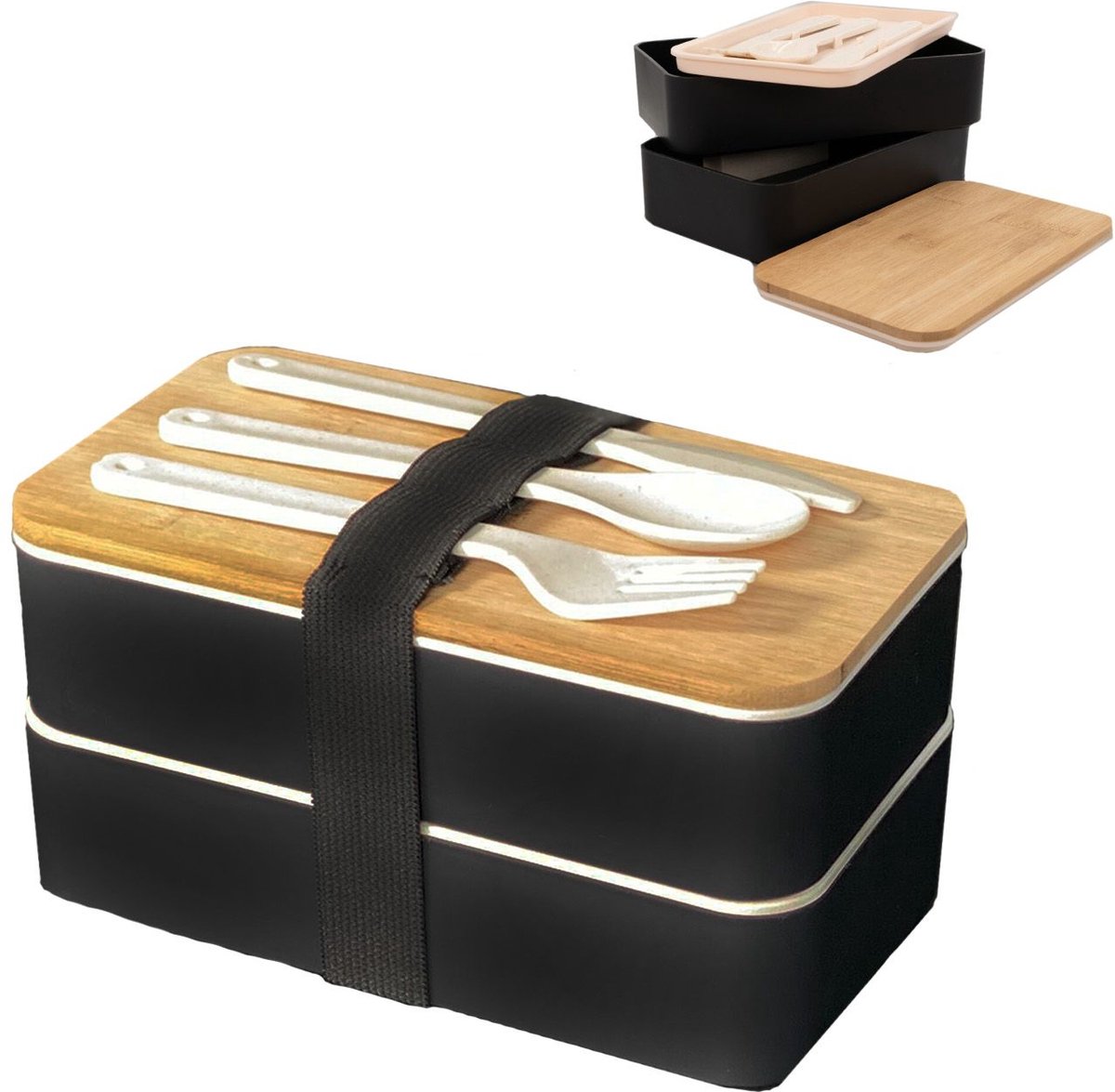Intirilife Lunchbox Bento Box met 3 compartimenten en bestek in het Zwart - 18.5 x 10.5 x 9.3 cm - Broodtrommel voor volwassenen kinderen voor school, werk, veilig afsluitbaar, met mes vork lepel