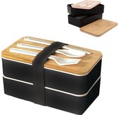 Intirilife Lunchbox Bento Box met 3 compartimenten en bestek in het Zwart - 18.5 x 10.5 x 9.3 cm - Broodtrommel voor volwassenen kinderen voor school, werk, veilig afsluitbaar, met mes vork lepel