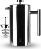 Castagnola French Press - Cafetiere met Filter - Dubbelwandige Koffiemaker - Koffiezetapparaat - Verse Koffie - RVS - 1 Liter - Zilverkleurig Glans