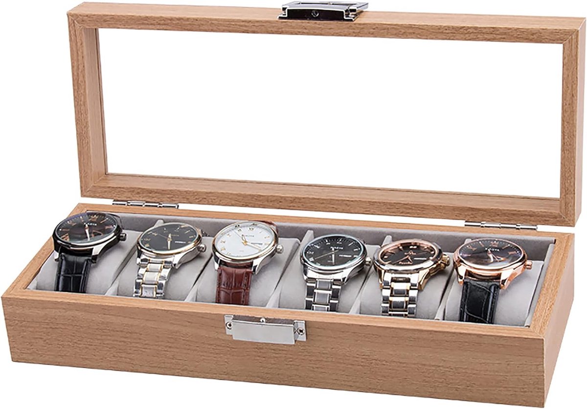 Horlogedoos klok display opbergdoos klok vitrine organizer houder van hout (6 roosters)