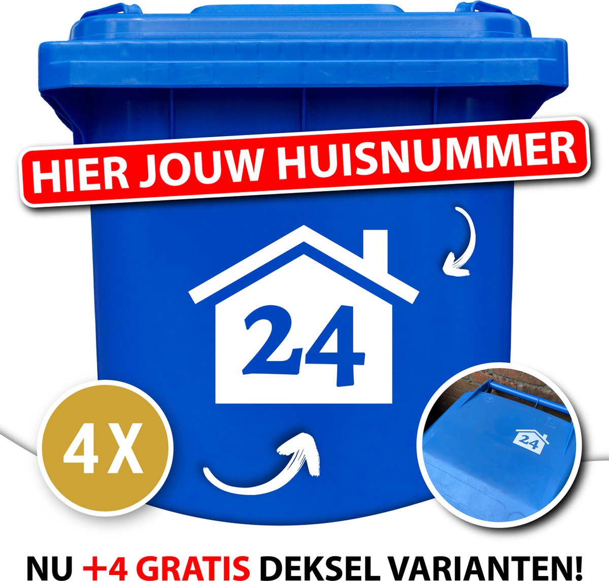 Container Sticker - 8 STUKS VOOR 10,99 - 4 GROTE & 4 DEKSEL VARIANTEN - Huisje met Huisnummer - Formaat 20 x 15,5 cm - Wit - Klikostickers - Weerbestendige Stickers - Kliko Sticker Voordeelset - Cadeau / Geschenk - 12345678910